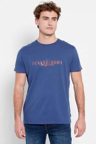 Funky Buddha ανδρικό βαμβακερό T-shirt με contrast lettering και logo label στο πλάι - FBM007-023-04 Μπλε L